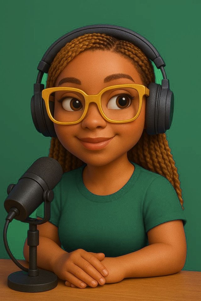 Sandy, your AI Business Assistant: a cartoon woman with braids, gold glasses and headphones at a microphone